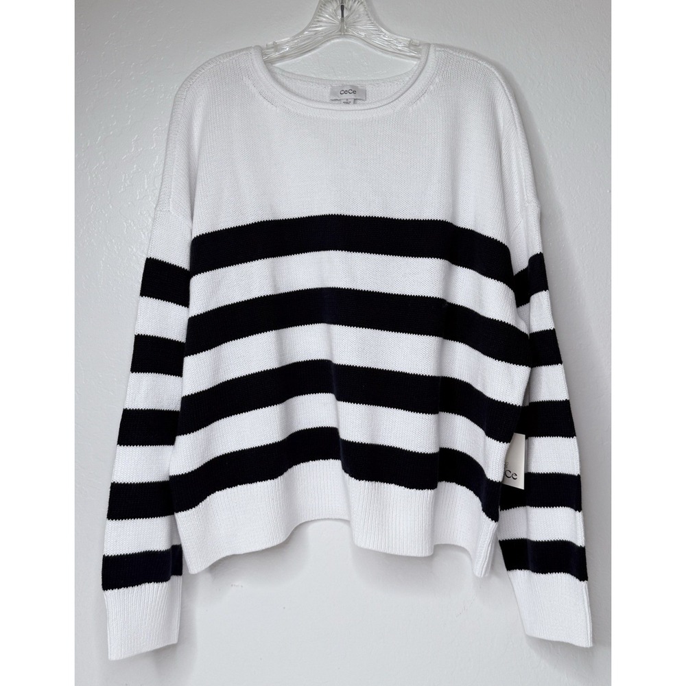 Cece Sweater Women XL Striped Blue White Boxy Nautical Beach Casual Preppy New